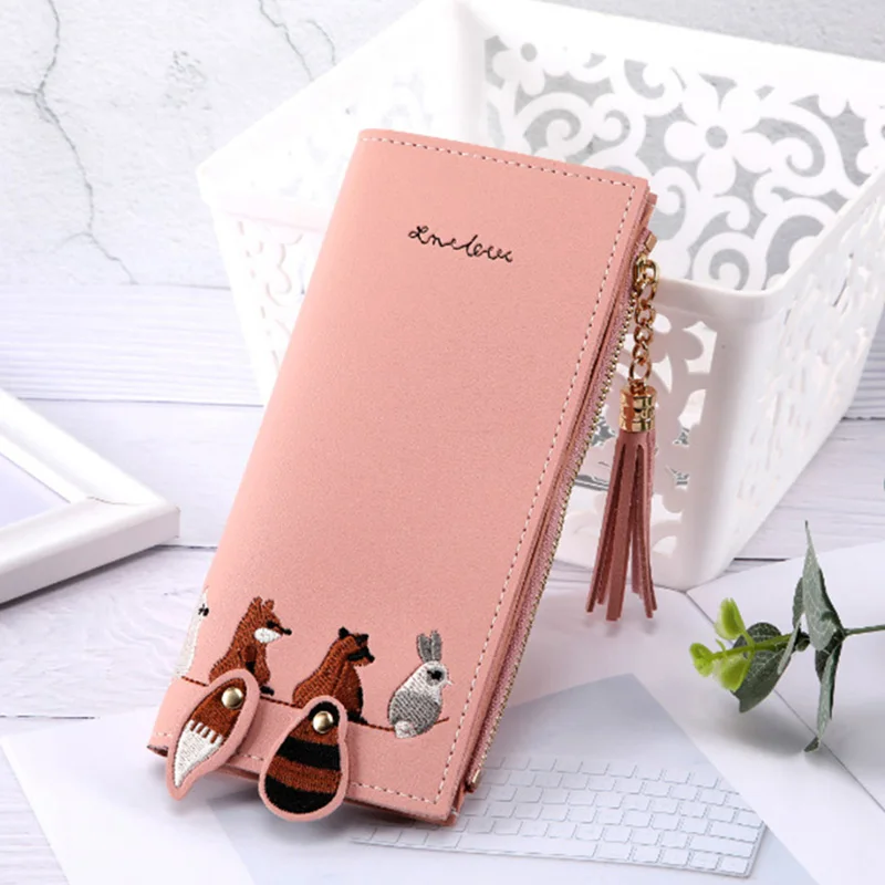 pink Новинка, длинный стильный кошелек из искусственной кожи с ручной вышивкой в виде лисы, мультяшных животных, милый кошелек с кисточками для девочек, кошелек с несколькими отделениями для карт, кошелек для монет - Цвет: pink