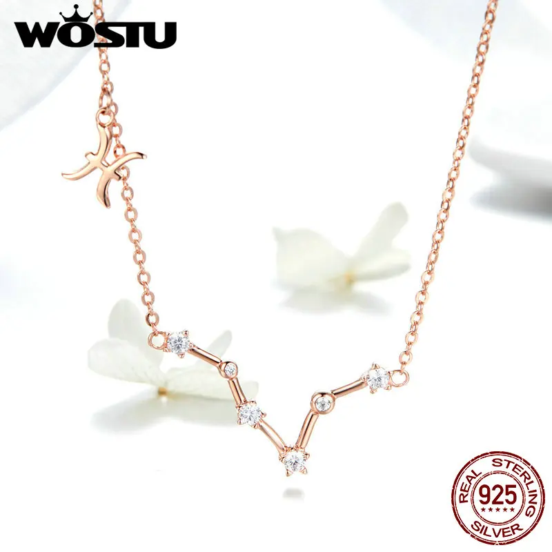 WOSTU,, 12 созвездий, серебро 925 пробы, розовое золото, ожерелья, подвесы, Чокеры для женщин, длинная цепочка, ювелирное изделие, подарок FNN017