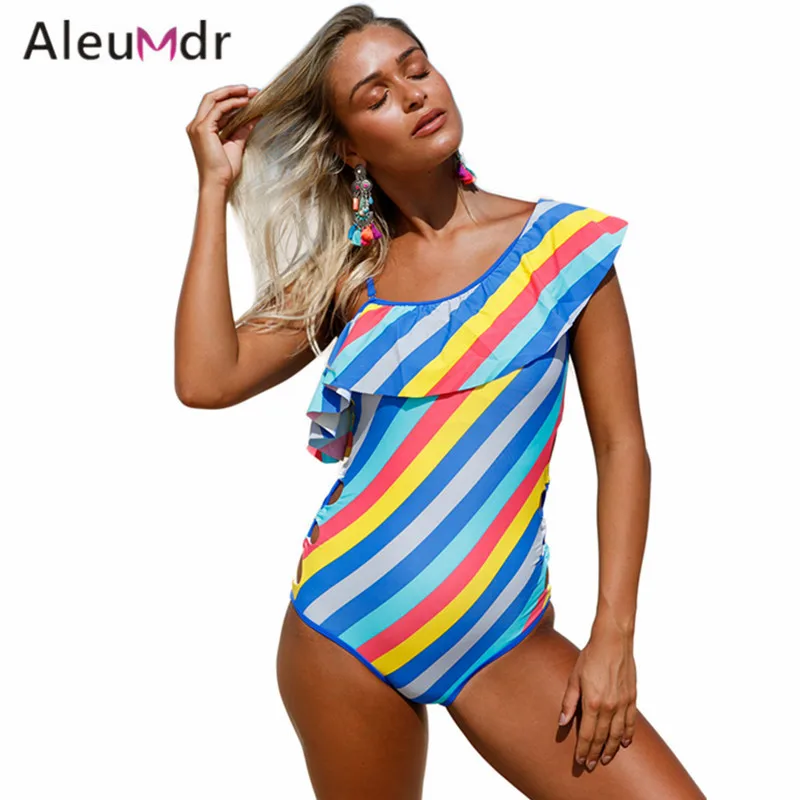 Aleumdr купальный костюм для Для женщин Одна деталь стильный принт рюшами одно плечо