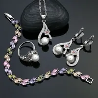 Цветок Кубический Цирконий Серебро 925 ювелирные изделия пресноводный жемчуг ювелирные наборы для женщин Свадебные серьги с камнями Жемчужное ожерелье Набор
