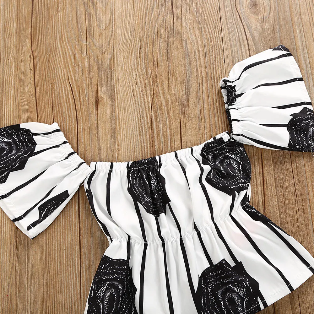 Топы в полоску с открытыми плечами и цветком для новорожденных девочек + шорты