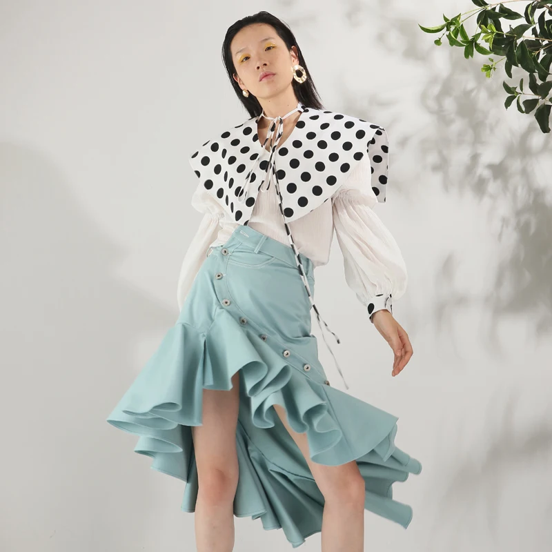 TWOTWINSTYLE Лоскутная рубашка в горошек Женская шаль со шнуровкой Ruched фонарь рукав
