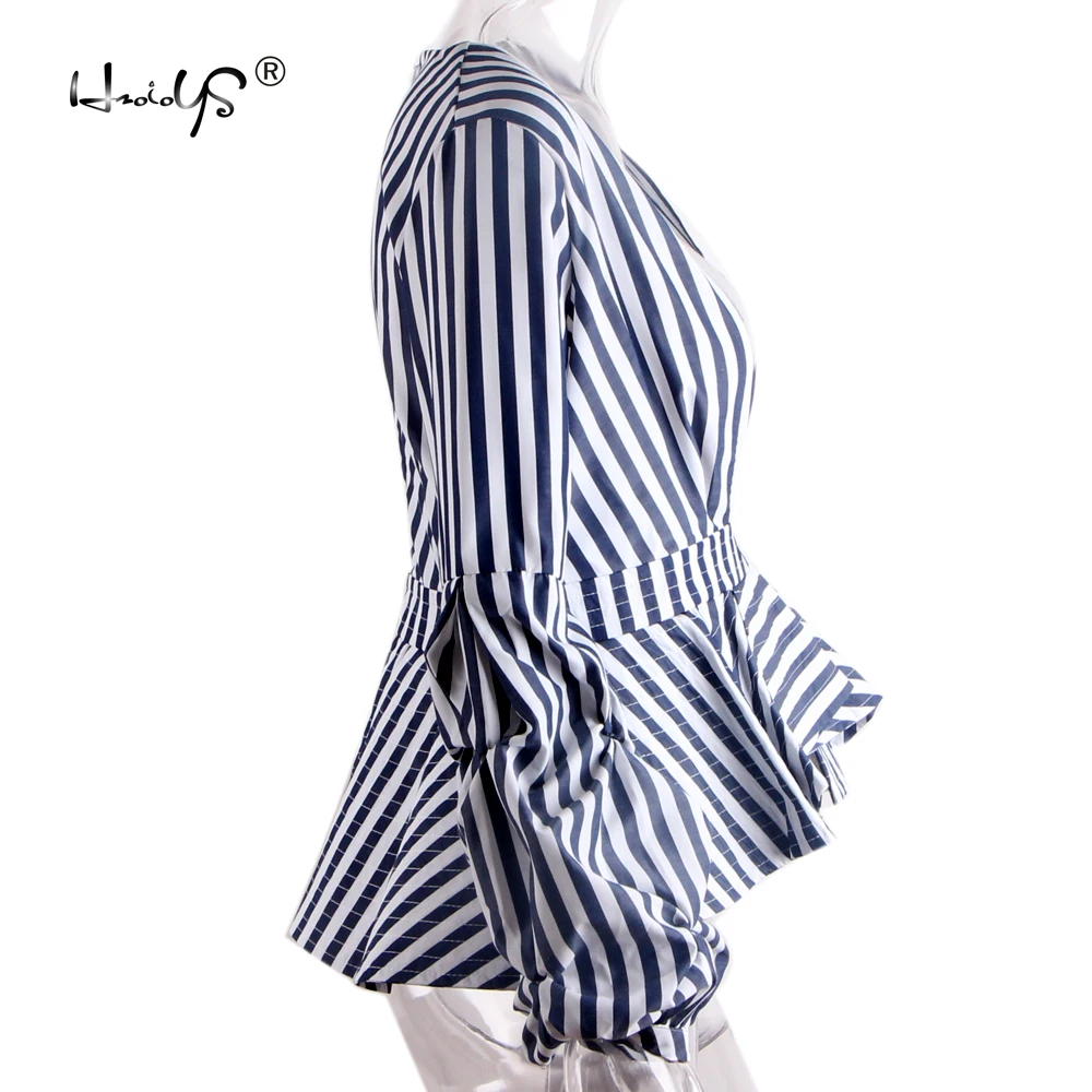 Женская Сексуальная Блузка с глубоким v образным вырезом сине белая полосатая