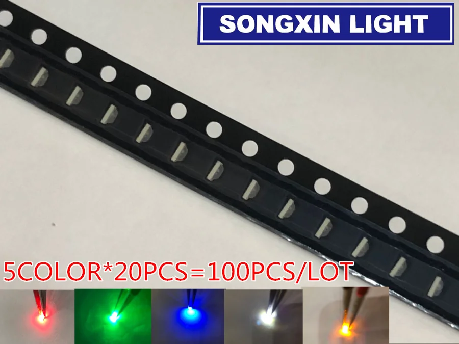 100 шт. (5 цветов x 20 шт.) боковой SMD 0805 (0802) светодиодный светильник белый красный