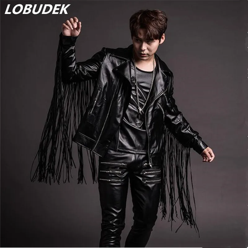

Tide male singer PU leather Tassels Jacket Blazer Zipper pants suit sets Club Bar Hip Hop Jazz show costumes Band stage outfit