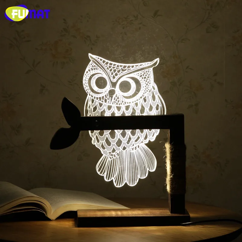 FUMAT 3D Acrylic Owl Lamp Creative Cute OWL Wooden Base Decor Bedside Table Lampara Xmas Gift Brithday | Лампы и освещение