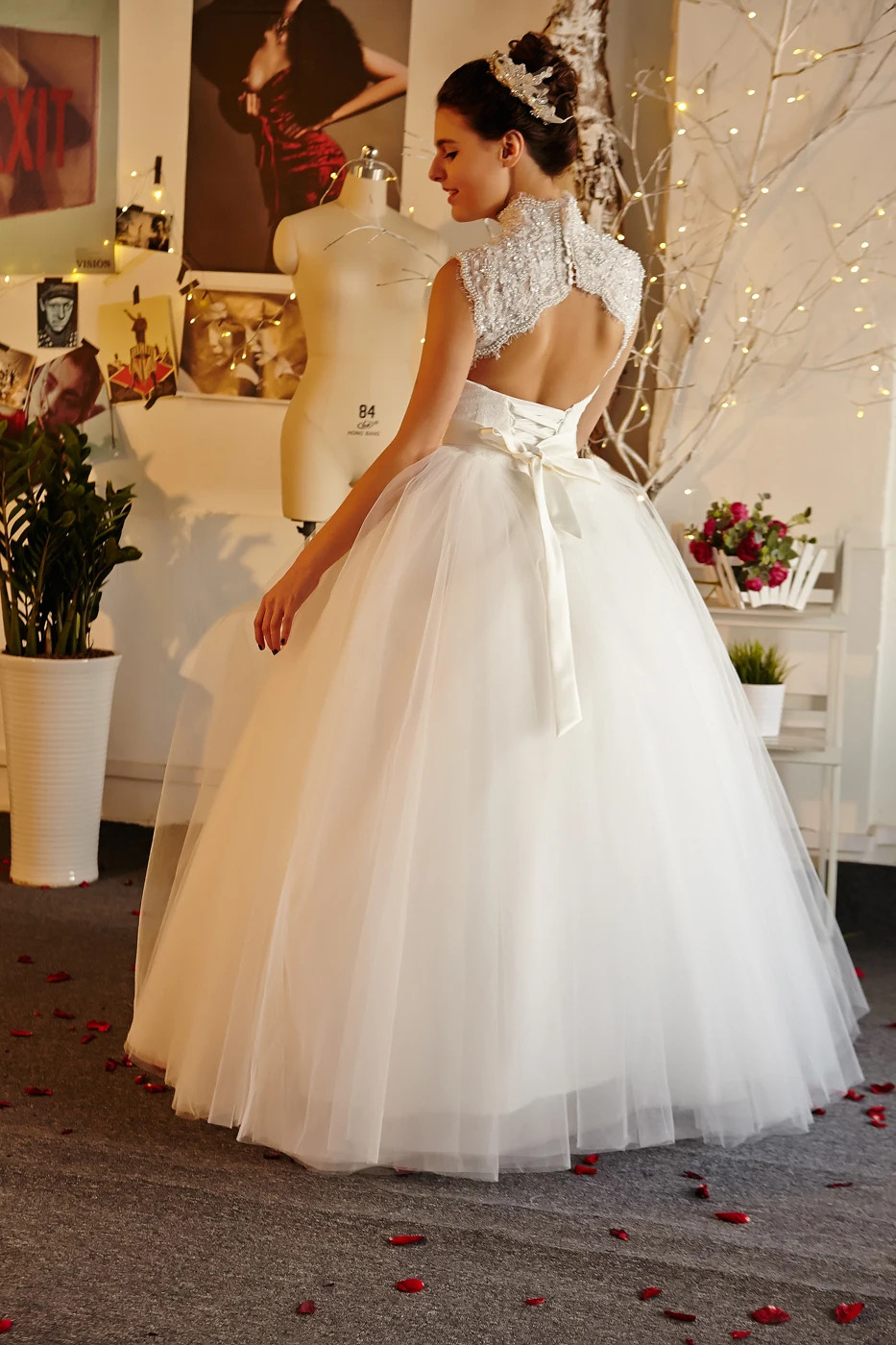 Женское свадебное платье с жемчужинами элегантное кружевное высокой горловиной