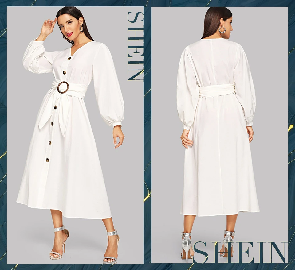 SHEIN Платье На Пуговицах С Поясом Элегантное Платье С V-Образным Вырезом Для Женщин
