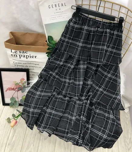 Plaid Новая мода корейский стиль гофрированные длинные юбки для женщин s Мода Высокая талия плед макси длинные юбки для женщин - Цвет: Plaid