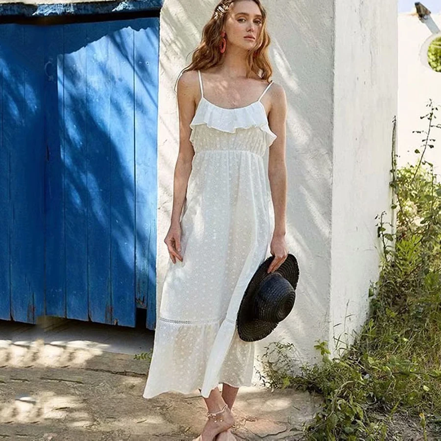 TEELYNN strappy lace dress white cotton floral Embroidery boho sexy sleeveless strap summer dresses long women | Женская одежда
