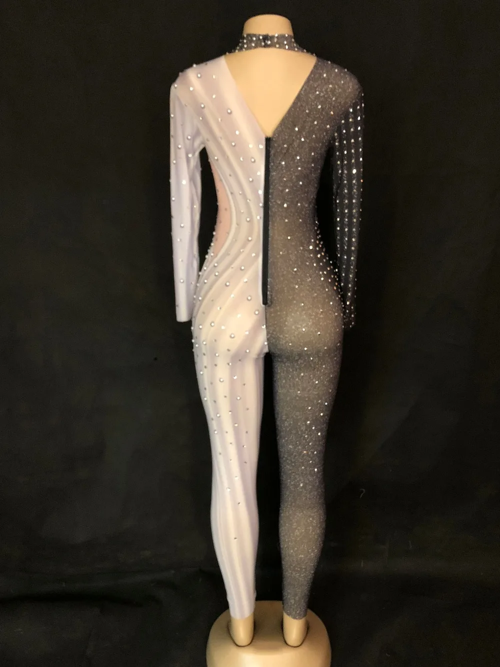 Women Sexy Net Yarn Black White Jumpsuit Sparkling Crystals Nightclub Birthday Party Stage Wear for Dancer Singer Dance Costumes | Женская