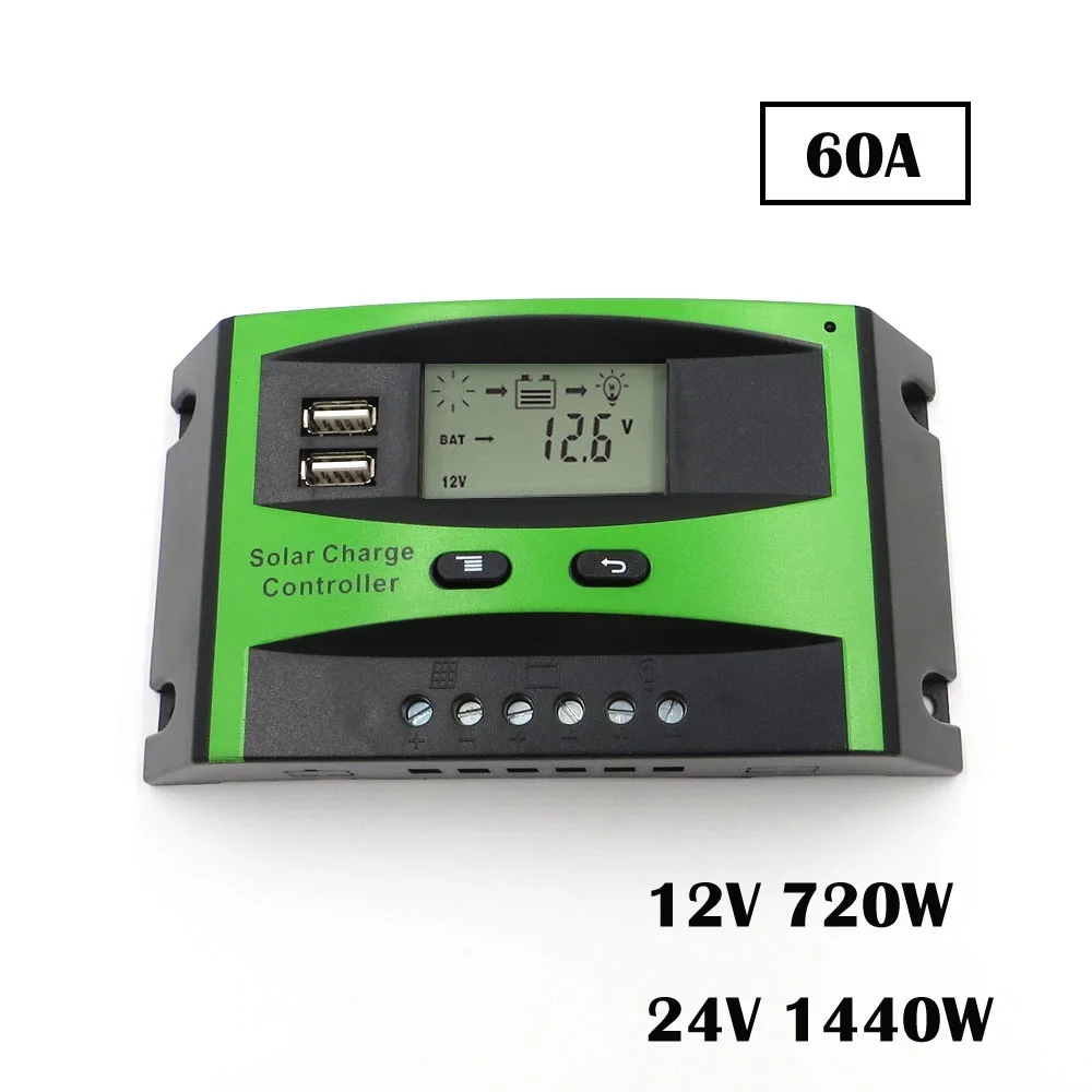 60A 50A 40A 30A 20A 10A 12 V 24 V ШИМ Солнечная батарея для телефона регулятор заряда батареи ЖК-дисплей USB 5 V зарядное устройство для мобильного телефона - Цвет: 60A