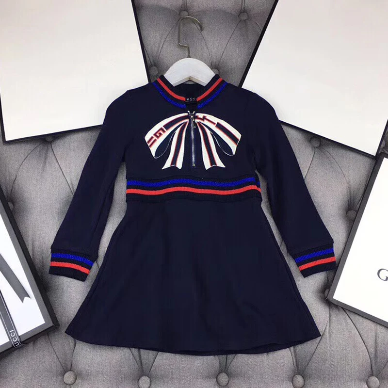 Fashion luxury brand designer style girl dress 3 years A-line full Sleeve Bow Embroidery children princess dresses for girls | Детская
