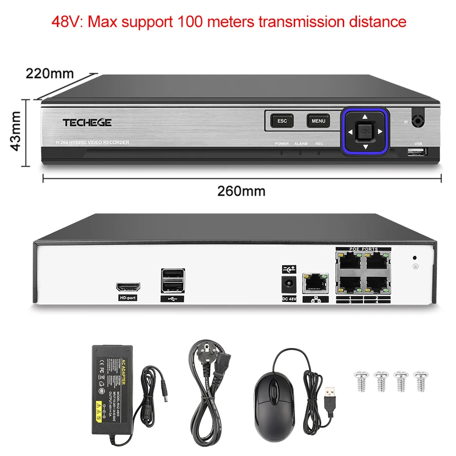 Techege H.265 безопасности Камера Системы 4CH 4MP PoE NVR комплект 4 шт. 4.0MP открытый