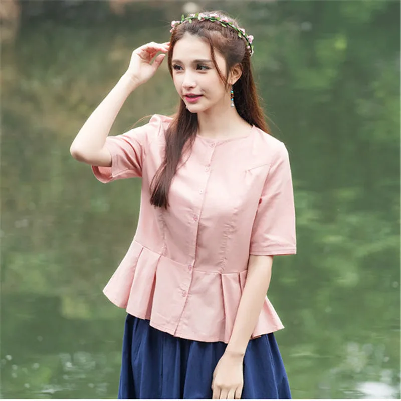 Лето Сладкий Розовый Рубашка Шею Половина Рукава Белье Кнопку Кардиган Блузка