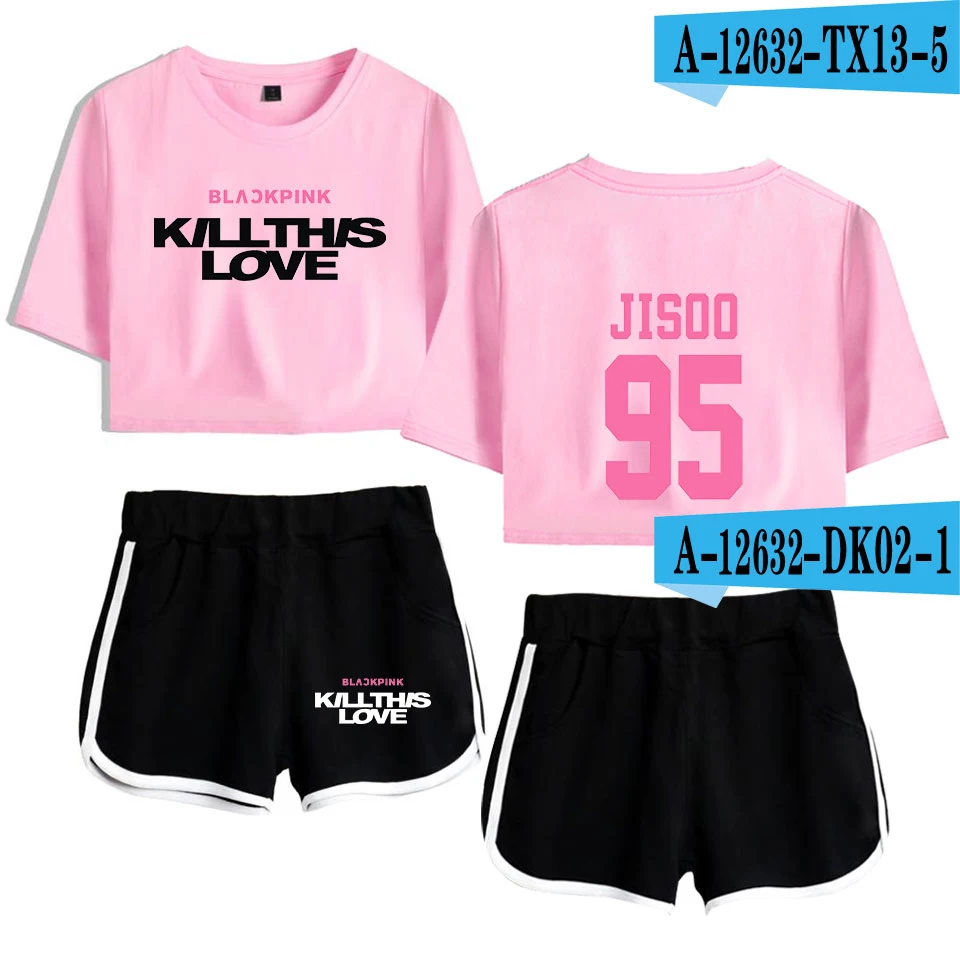 Бирюзовый Blackpink Kill This Love комплект из двух предметов женская модная летняя одежда для женщин Мини Сексуальная футболка комплект из двух предметов топ+ укороченные штаны - Цвет: Бирюзовый