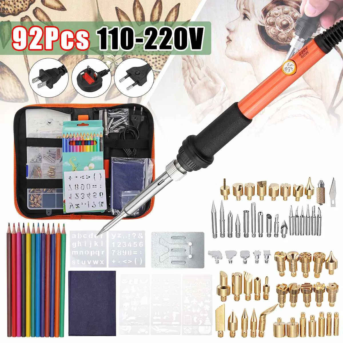 

71/92Pcs 60W Wood Burning Tool Pen Adjustable Temperature Electric Soldering Iron with Carving Stencils Drawing Template