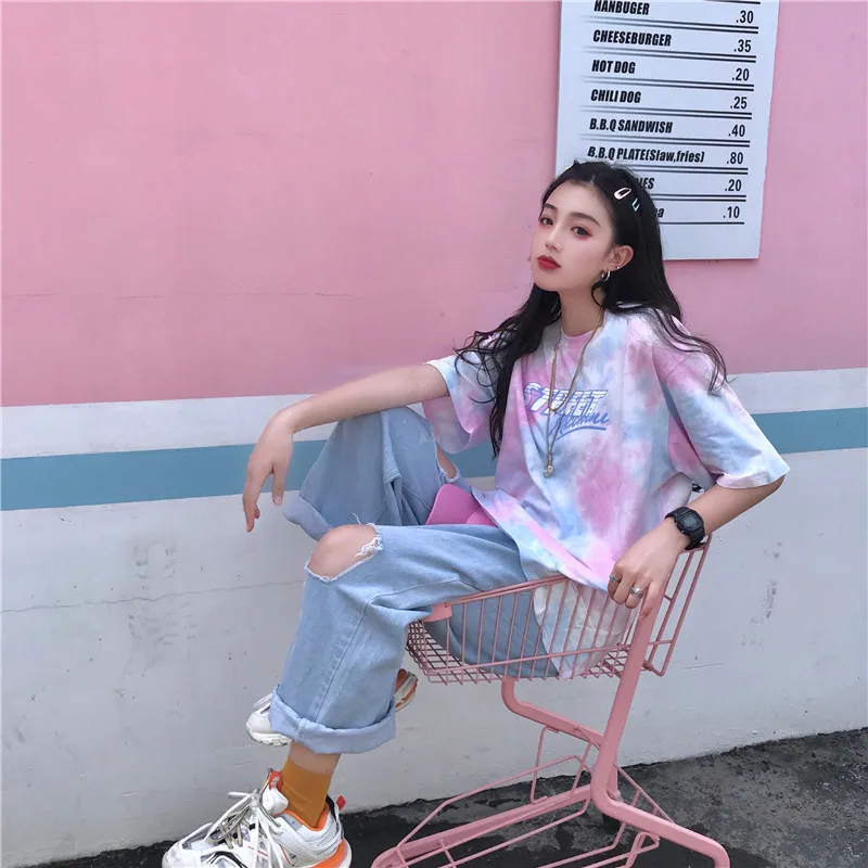 Tie Dye Gradient, большие размеры, свободные, более размера, модные, Harajuku, Женские топы с буквенным принтом, хип-хоп, короткий рукав, повседневная парная футболка
