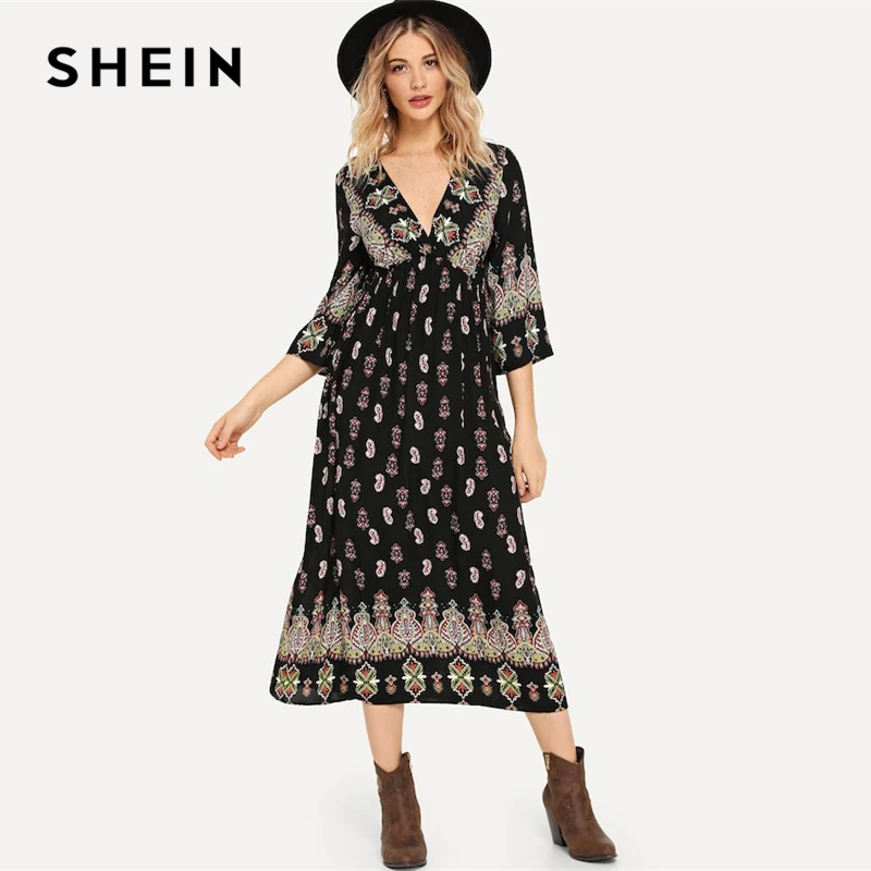 SHEIN Платье С Глубоким Вырезом В Стиле Бохо Длинное V Образным Вырезом|Женские