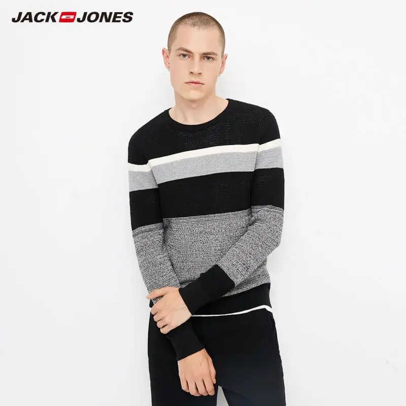 Мужской Хлопковый свитер в полоску JackJones с круглым вырезом базовая