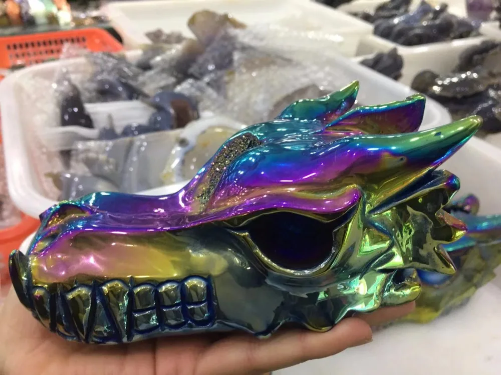 Большой размер натуральный агат Aura Geode резной кристалл голова дракона исцеляющая