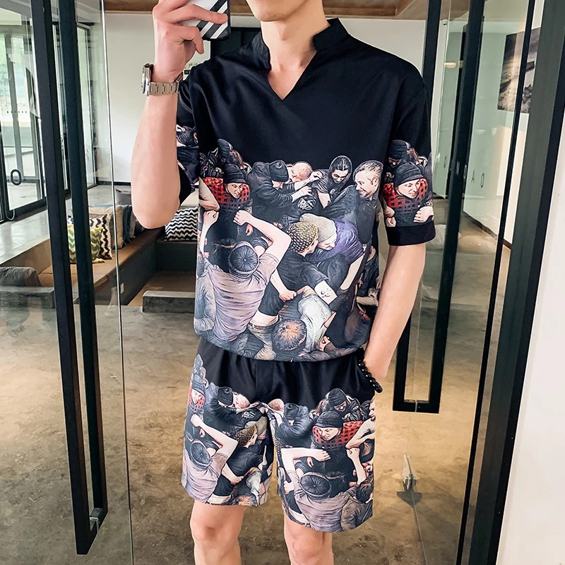 Модный Печатный комплект из 2 предметов 2019 лето с короткими рукавами футболка