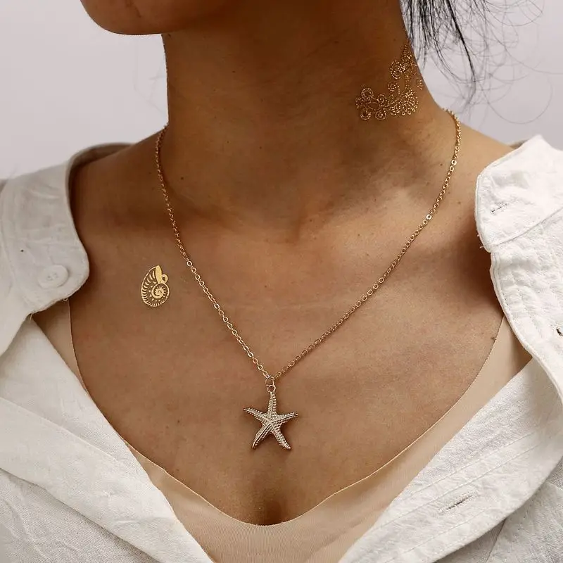 

Fashion 9 Design Shell Starfish Pendant Necklaces for Women Girls Gifts Vintage Gold Color Choker Bohemian Necklace Jewelry