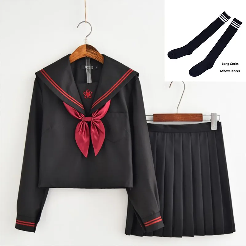 Black Set With Socks Uhyd/черный костюм моряка; школьная форма для девочек-подростков; рубашка с длинными рукавами+ галстук+ юбка; костюм школьницы - Цвет: Black Set With Socks