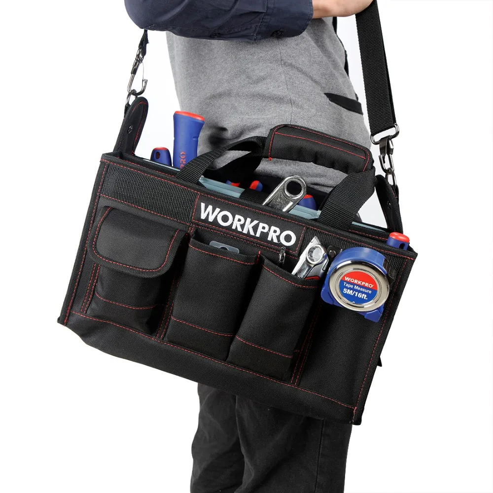 WORKPRO 600D сумка для инструментов на плечо с центральным лотком Водонепроницаемые Наборы инструментов Сумки Карманы для электронных сумок