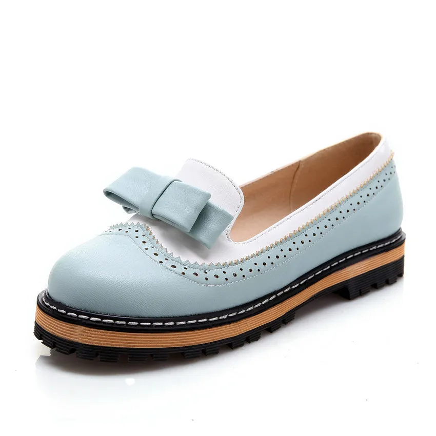 Синий QUTAA г. Женские туфли-лодочки универсальные модные женские туфли-лодочки из искусственной кожи на платформе без застежки с бантом Повседневная женская обувь размер 34-43 - Цвет: Синий