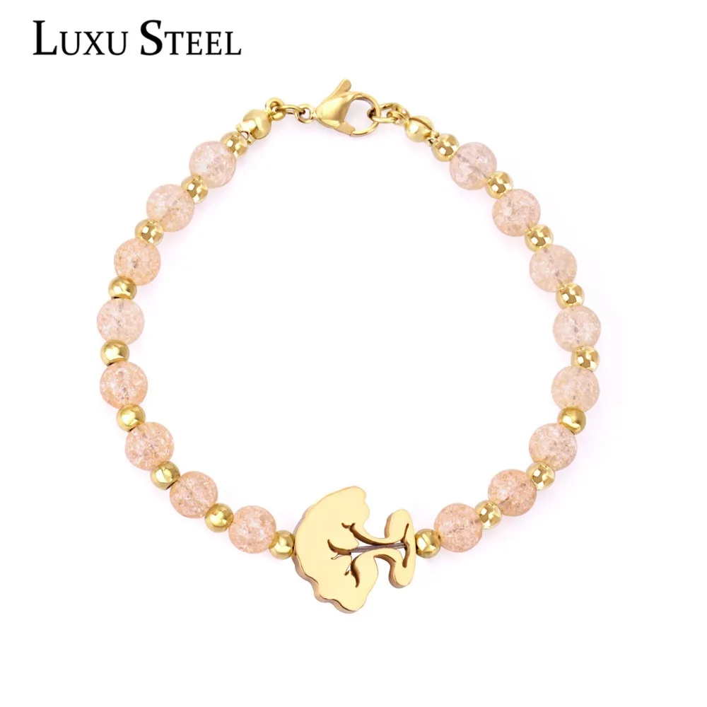 Женский браслет из нержавеющей стали LUXUSTEEL розовый с бисером и кристаллами