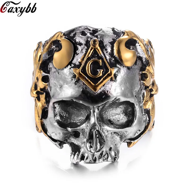 

Titanium Stainless Steel Masonic Freemason Signet Skeleton Skull Ring Biker Cool Punk Gothic Rings Man Hip Hop Rock Jewelry