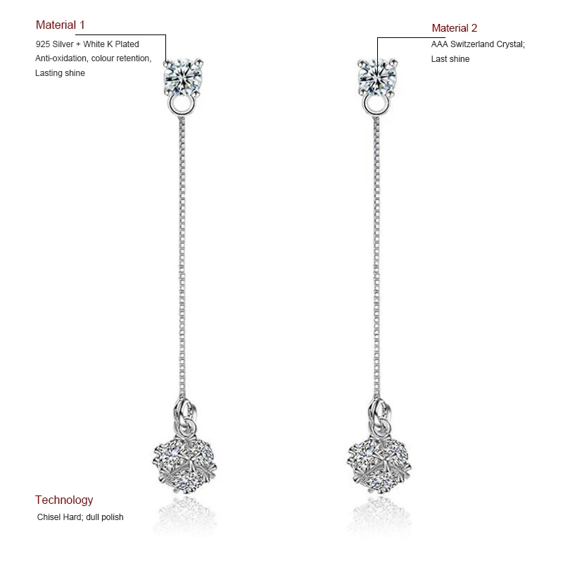 Кристалл Длинная кисточка серьги для женщин из стерлингового серебра 925 пробы