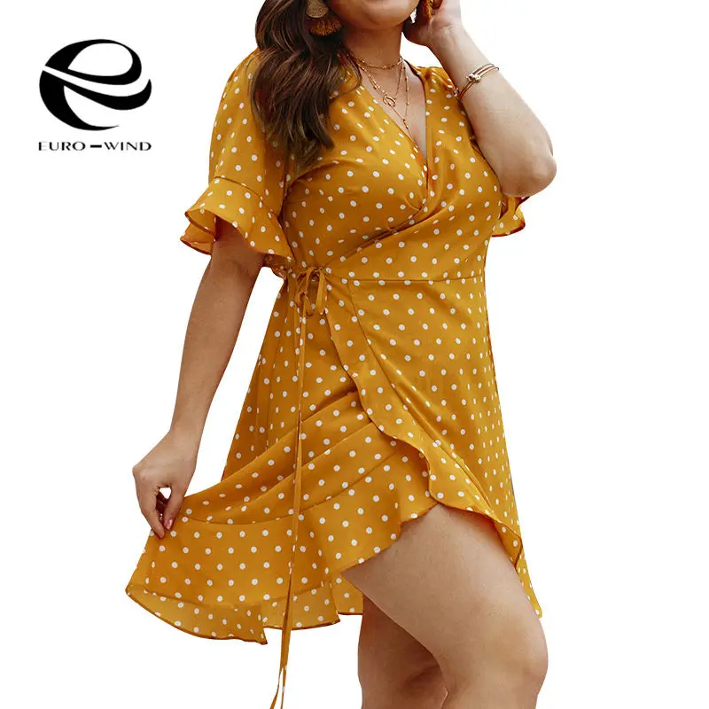Plus Size 4XL 2019 Summer Dress Women Short Sleeve V-neck Dot Print Boho Sexy Beachwear Ruffles Mini Dresses Vestidos | Женская одежда