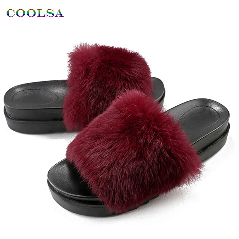 Red Coolsa/Новинка; женские длинные плюшевые тапочки; пушистые шлепанцы с кроличьим мехом; толстые нижние сандалии; домашние шлепанцы; женская повседневная обувь для вечеринок - Цвет: Red
