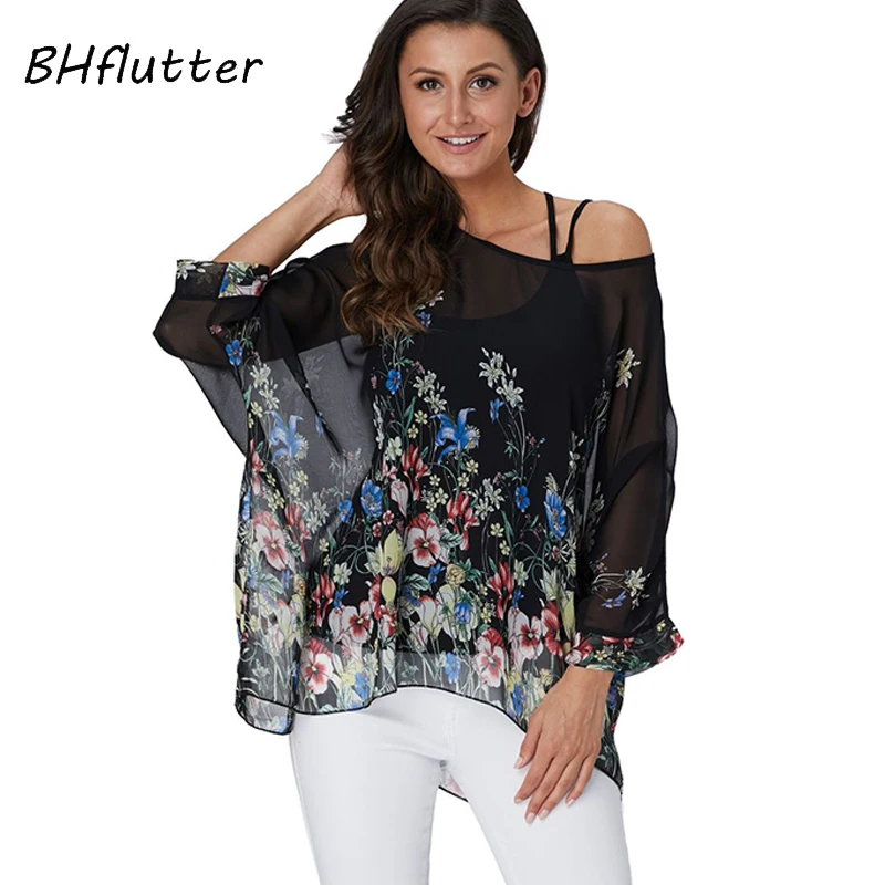

BHflutter Women Blouse Shirt 2019 Fashion Batwing Casual Loose Summer Blouses Ladies Floral Print Chiffon Tops Tees Blusas Mujer