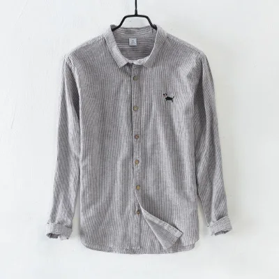 Весна осень Мужская мода Китайский Японский Стиль Slim Fit Собака вышивка полосатый хлопок лен с длинным рукавом рубашки мужские повседневные рубашки - Цвет: coffee