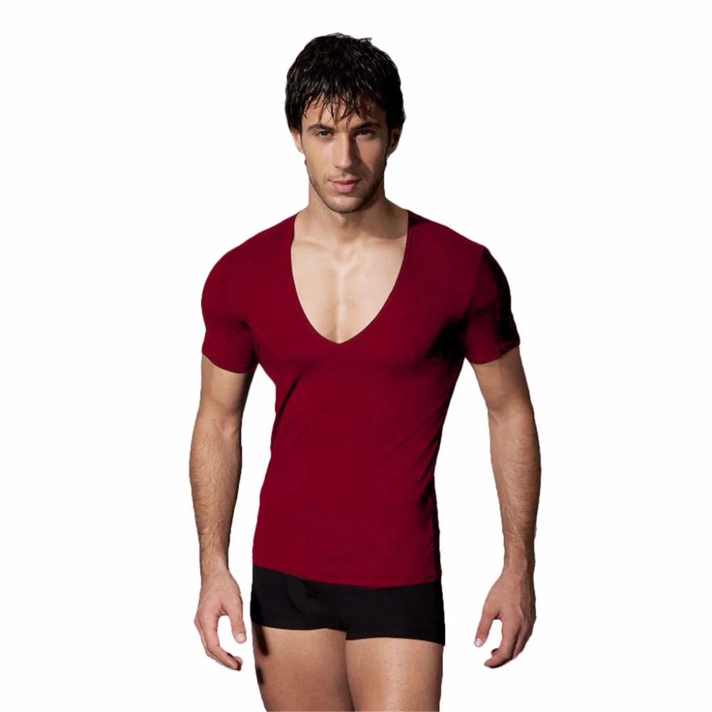 Men's Casual Deep V Neck Sexy T-Shirt Cotton Workout Short Sleeve Bodybuilding Silm Fitness Muscle Clothes Tee | Мужская одежда
