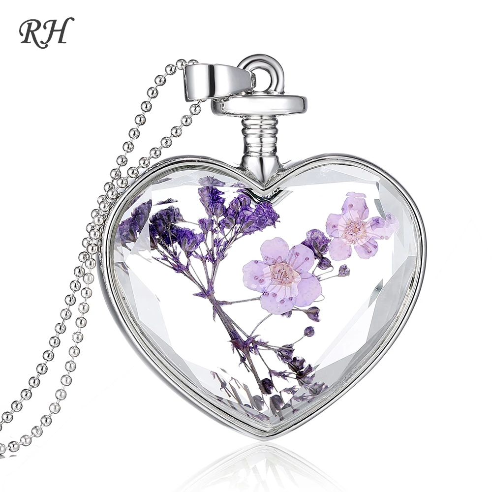 

Natural Real Red Decorative Dried Flowers Necklace Pendant Dry Cherry blossoms Flower Plants Jewelry Heart Metal Glass Necklace