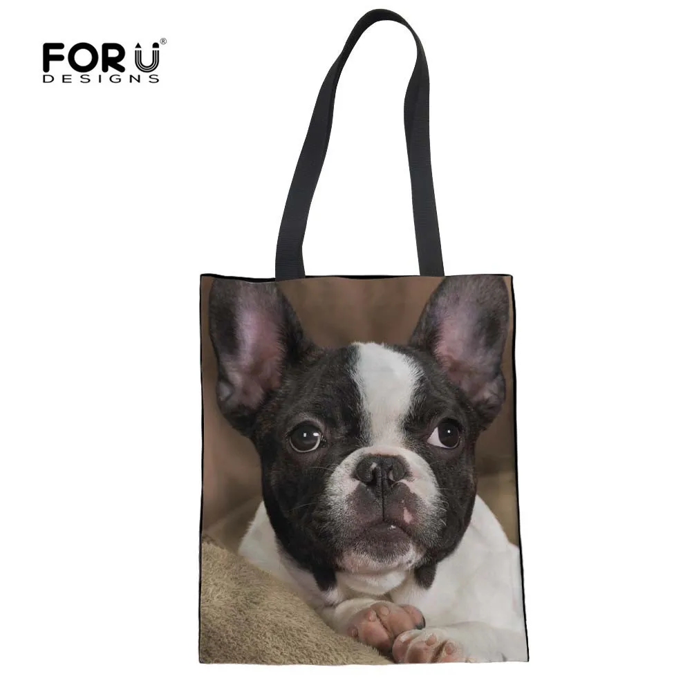 

FORUDESIGNS Women Shoulder Bag French Bulldog Print Linen Women's Totes Handbags Female Ladies Folding Recycle Big Shopping Bags