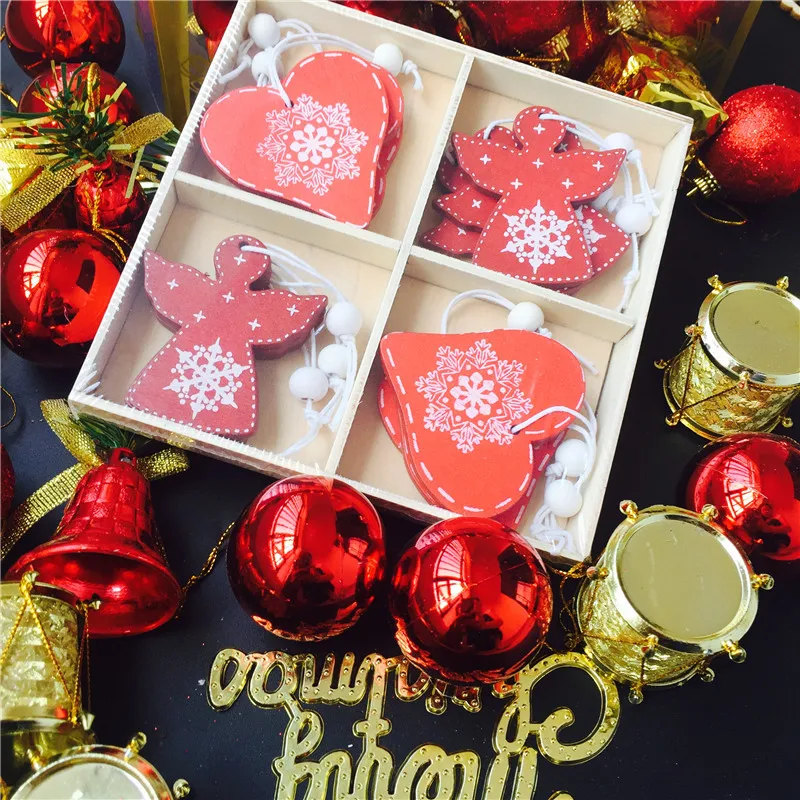 

12pcs Christmas Tree Ornaments Wood Pendants Angel Snowflake Bell Elk Wood Craft Christmas Decorations for Xmas Home Party Decor