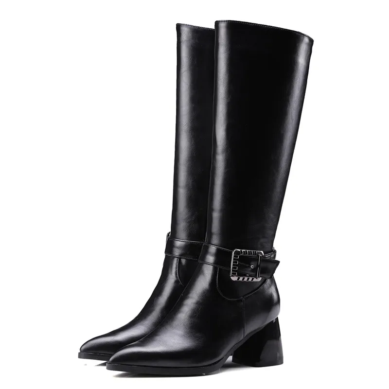 black plush ZETMTC/Большие размеры 32-43, женские сапоги до колена женские мотоциклетные ботинки в стиле ретро с пряжкой на молнии теплые зимние сапоги на толстом меху - Цвет: black plush