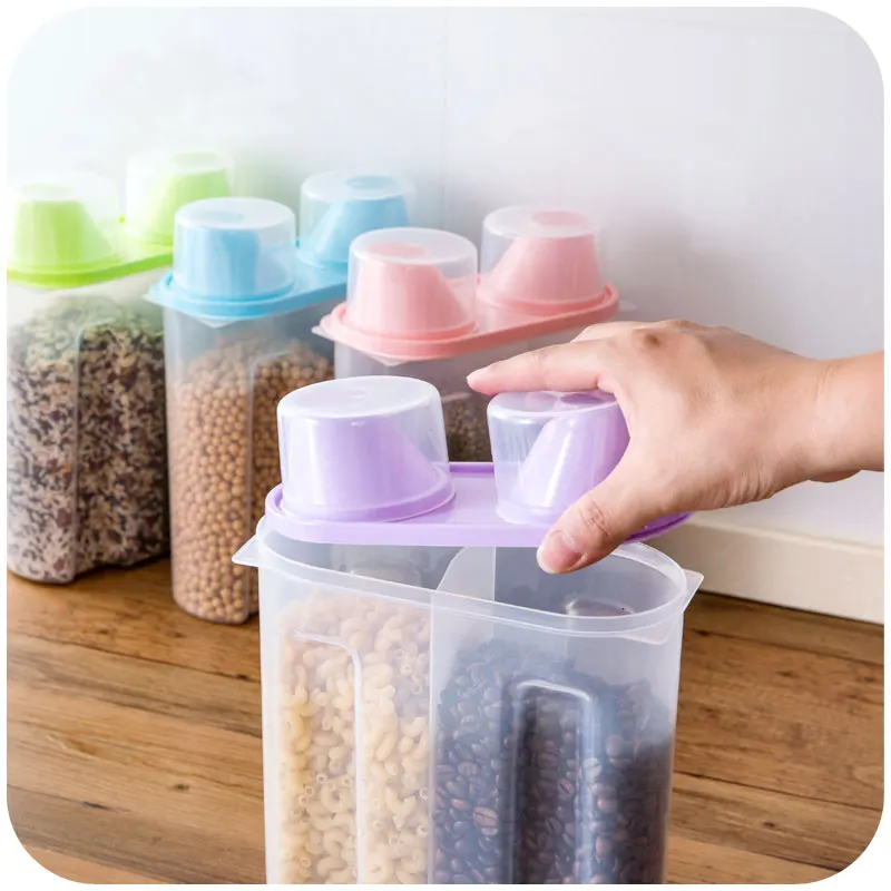

High quality 2 Lattices whole grains sealed cans/kitchen food storage tank kitchen transparent plastic storage box,Free shipping
