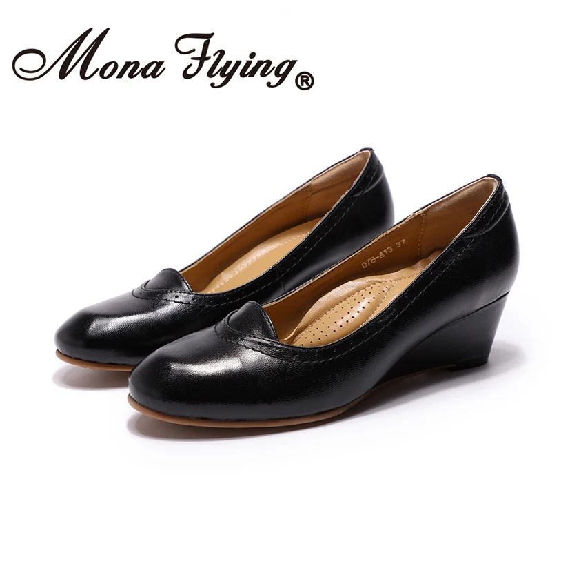Mona Flying/женские туфли-лодочки на танкетке из натуральной кожи модельные женские туфли на высоком каблуке с круглым носком без застежки ручной работы, 078-A13