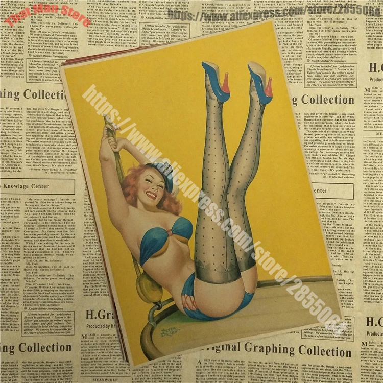 PINUP девушки Второй мировой войны оберточная бумага в винтажном стиле Классический плакат Бар Кафе гостиная столовая настенные декоративные картины часть 3 - Цвет: Серебристый