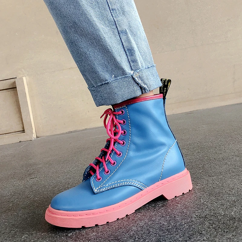 

Genuine Leather Women Martin Boot Fashion Winter Shoes platform Street Style Female Motorcycle Ankle Color Boots for Woman Botas