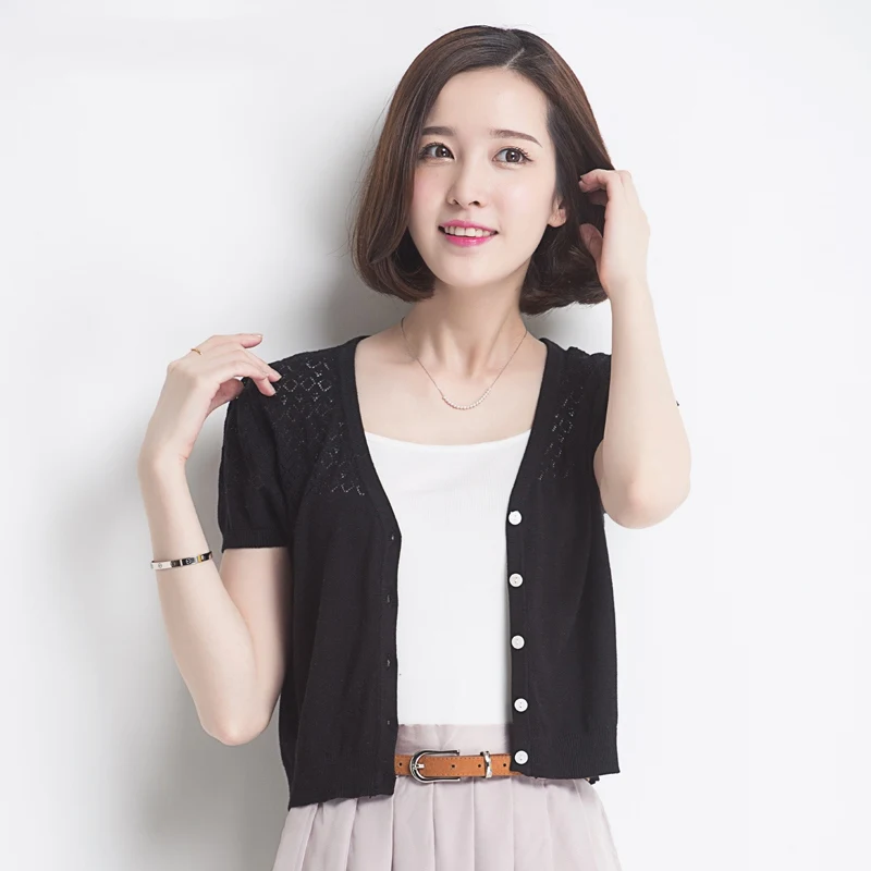 2019 натуральный шелк вязаный кардиган летний свитер женский короткий рукав