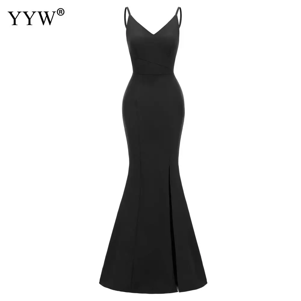Женское однотонное вечернее платье Robe De Soiree черное с глубоким v-образным вырезом