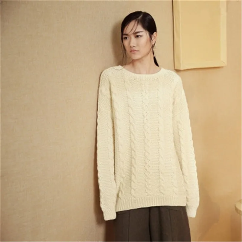 

100% hand made pure wool jacquard knit women fashion loose Oneck pullover sweater one&over size