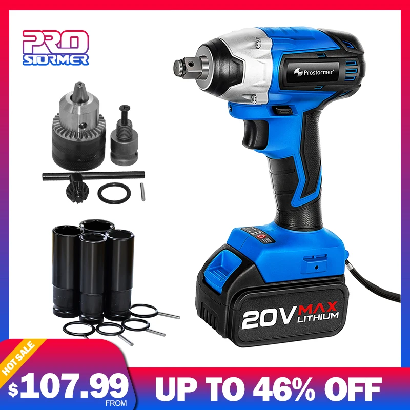 Prostoemer 20V Аккумуляторный ударный ключ, дюймовый стандарт торцевой гаечный ключ Burshless 260NM максимальный крутящий момент с отделкой кристаллами адаптер 4000 мА/ч, Батарея ключ, дюймовый стандарт